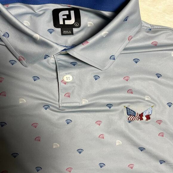 Footjoy Performance Golf Polo Men's L Geometric AOP Red White Steel Blue Stretch - Picture 3 of 9